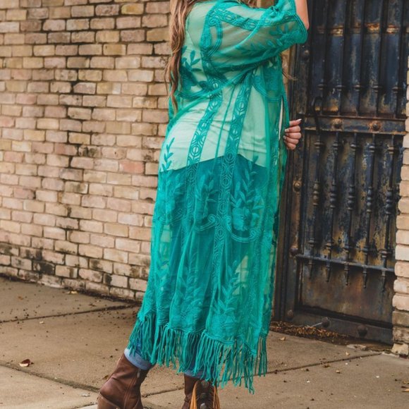 Jade Lace Kimono with Fringe - Picture 2 of 5